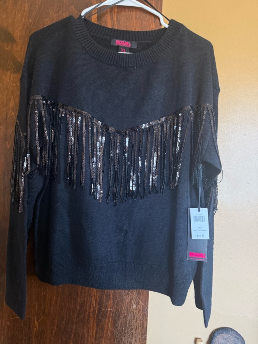 Romeo & Juliet Couture Black Sequin Fringe Crewneck Sweater